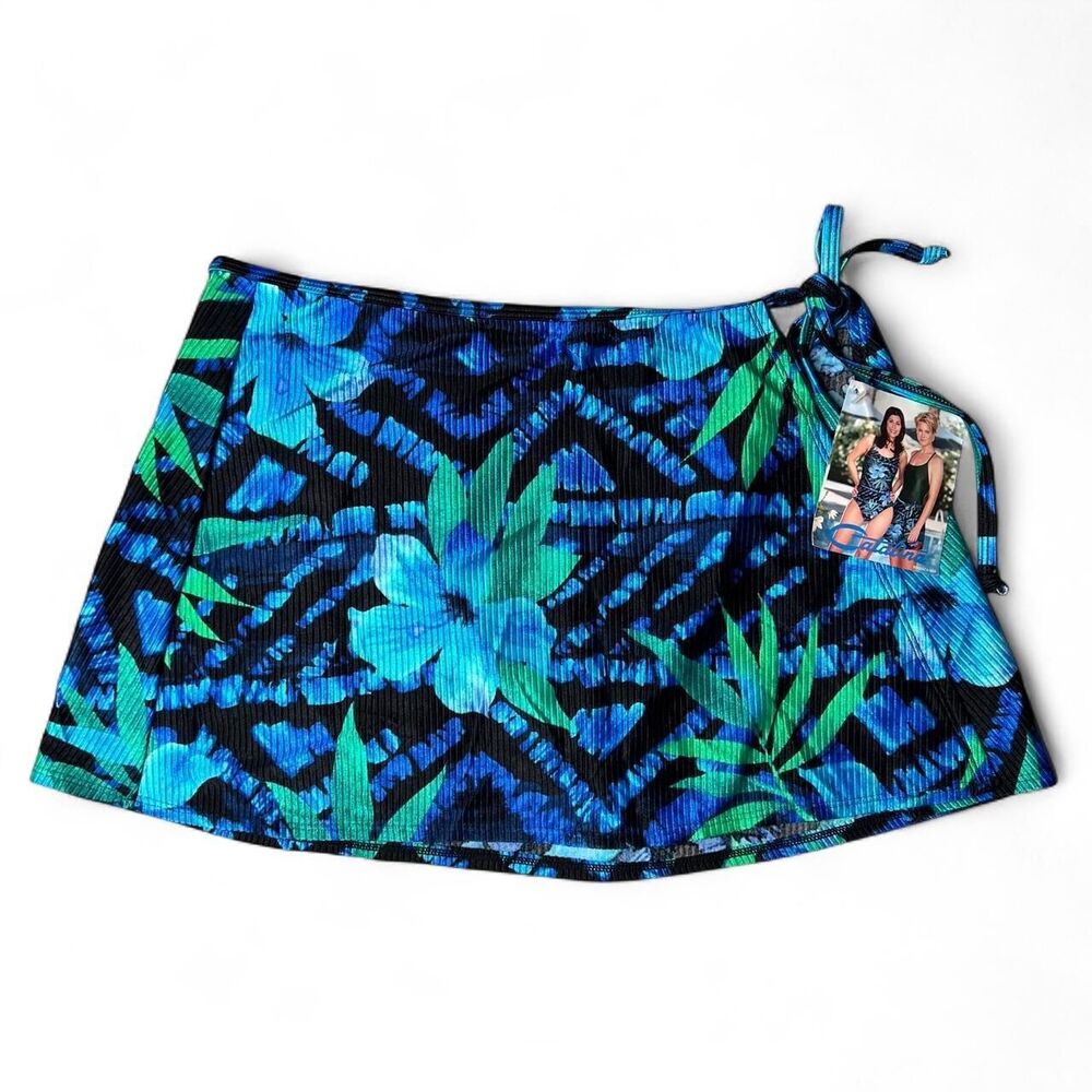 Y2K Catalina Blue & Green Floral Print Swim Cover Up Mini Skirt NWT Vintage
